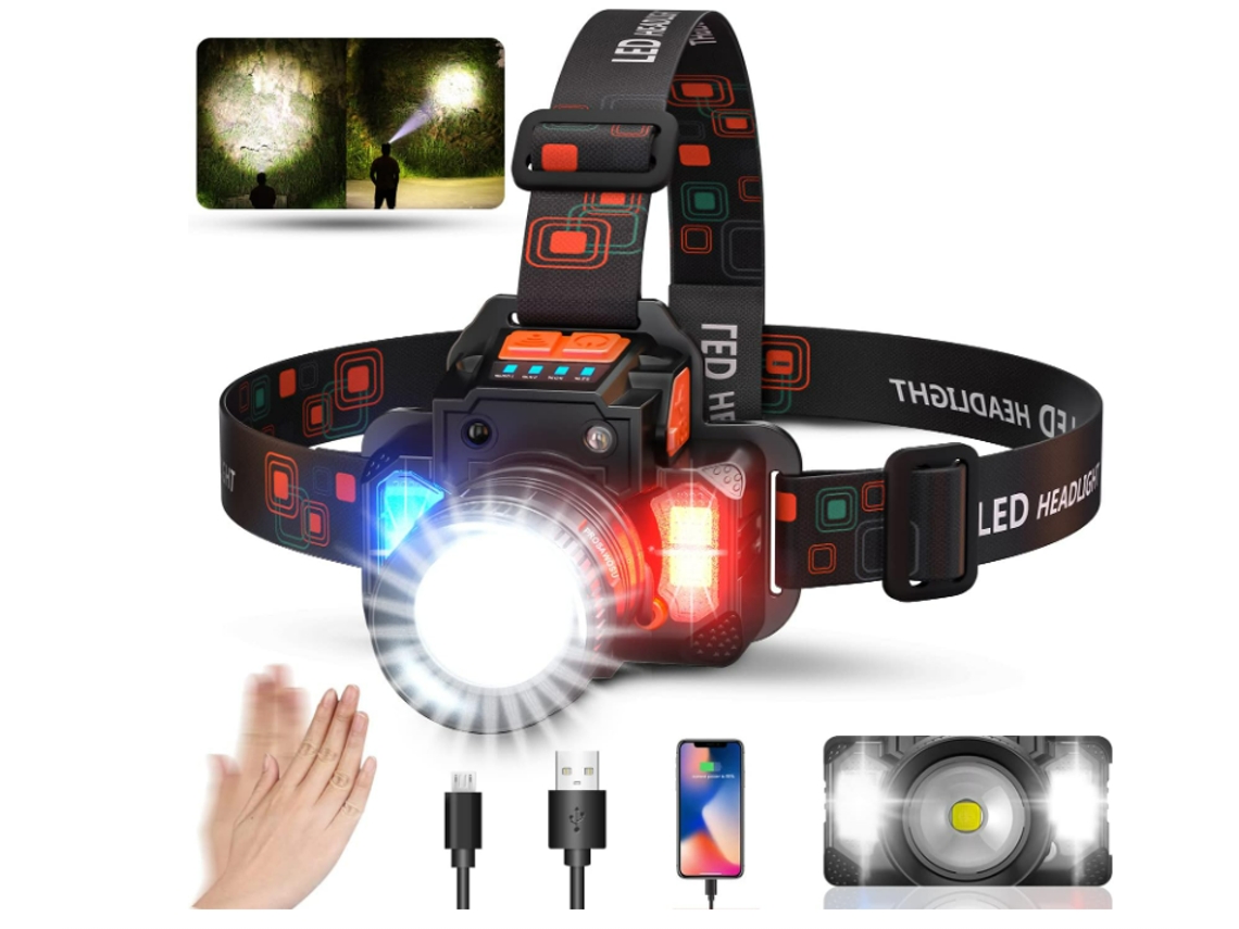 Linterna de cabeza T8 3000LM rotativa con zoom impermeable con banco de energía de luz lateral para pesca Camping emergencia (negro) YIZHOOD