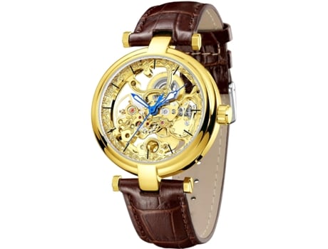 VEANXIN Reloj automático para hombre con esqueleto dorado, reloj mecánico de cuero Steampunk resistente al agua-negro plata