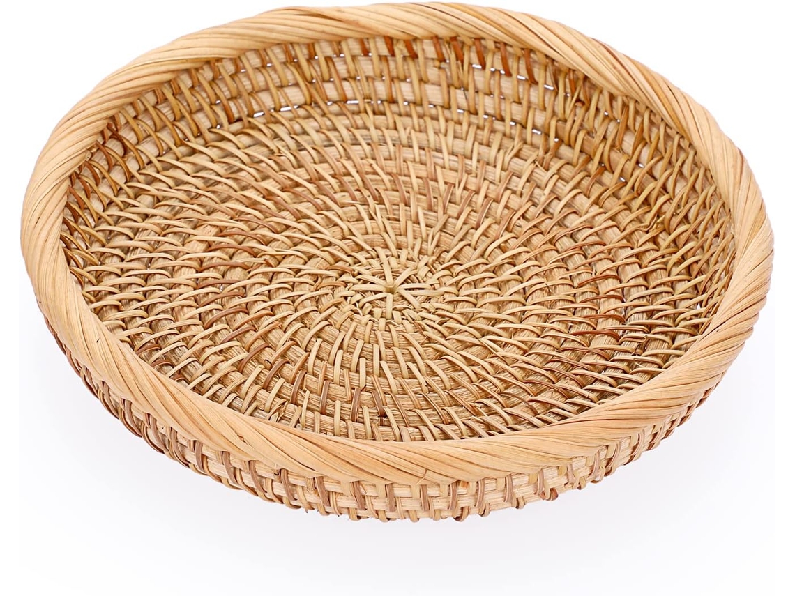 Bandeja redonda de mimbre trenzado, 19 cm, decorativa para mesa de centro, organizador para salón, para perfumes y velas