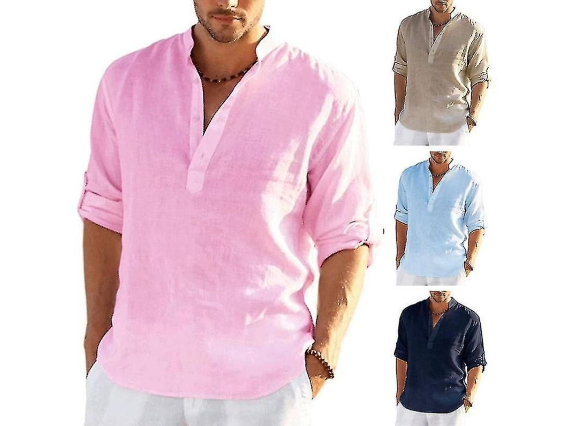 2026-camisa Larga Hombre De Lino Y Algodón, Camisa Casual Sólida S-5xl, Cuatro Estaciones L Verde