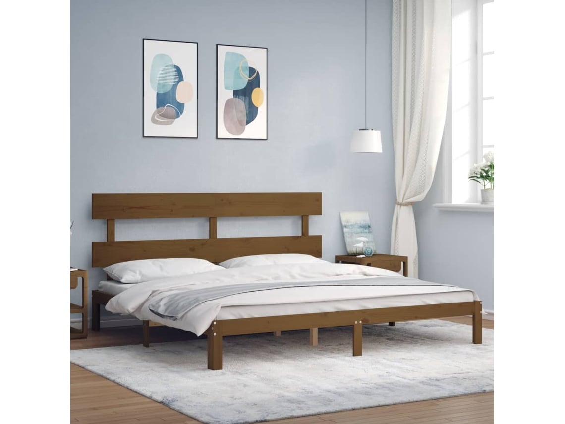 Estructura Cama Y Cabecero Madera Maciza Marrón Miel 200x200 Cm