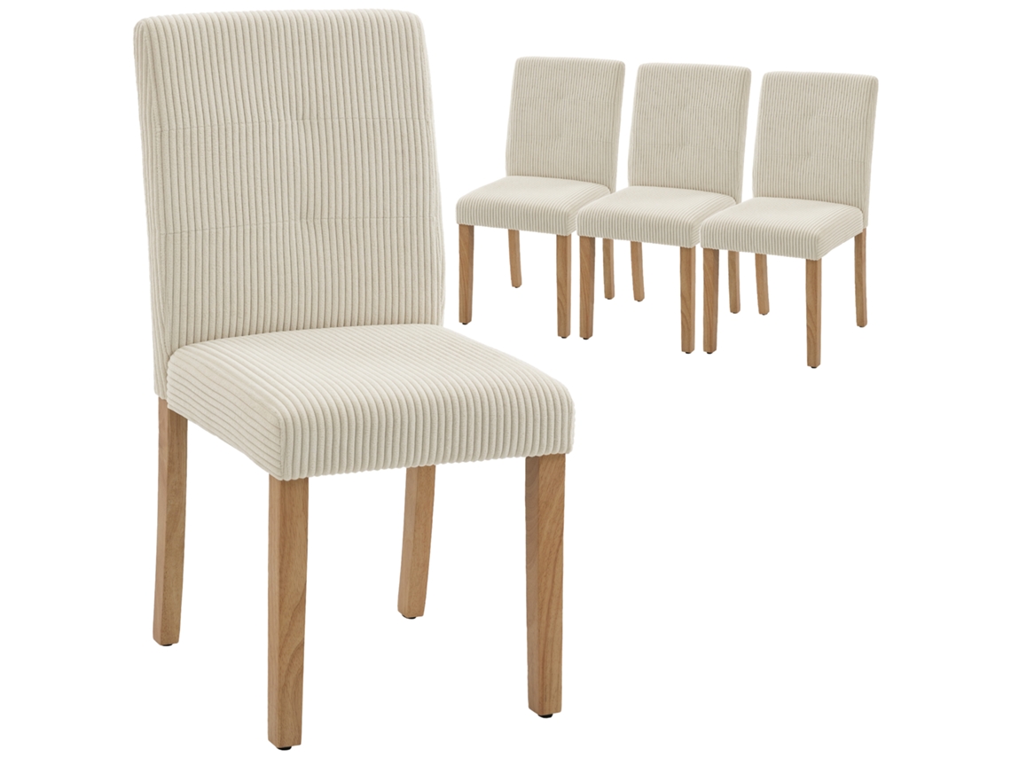 Juego De 4 Sillas De Comedor De Pana Con Respaldo Alto Y Patas De Madera Color Beige.