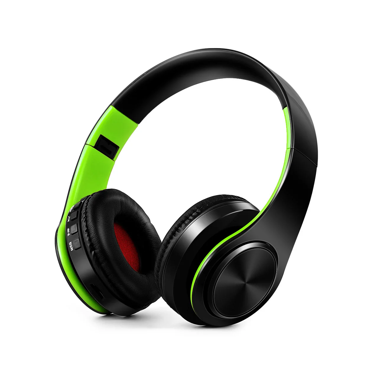 Auriculares estéreo inalámbricos Bluetooth (negros y verdes) con micrófono incorporado.