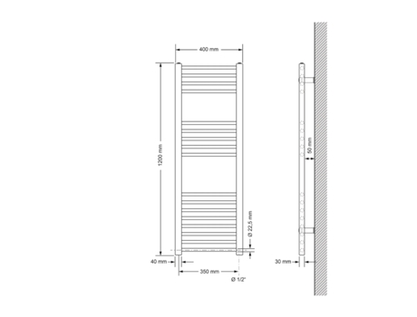 Radiador eléctrico de baño con barra calefactora 1200W 400x1200 mm Antracita Recto con conexión lateral LUXEBATH