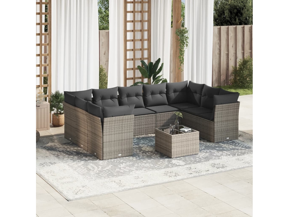 Conjunto de sofá de jardín de 10 piezas con cojines, ratán gris, DKD Home Decor