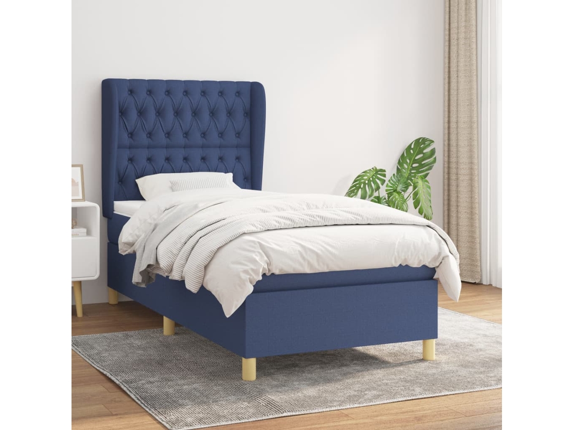 Cama Box Spring Con Colchón Tela Azul 90x190 Cm