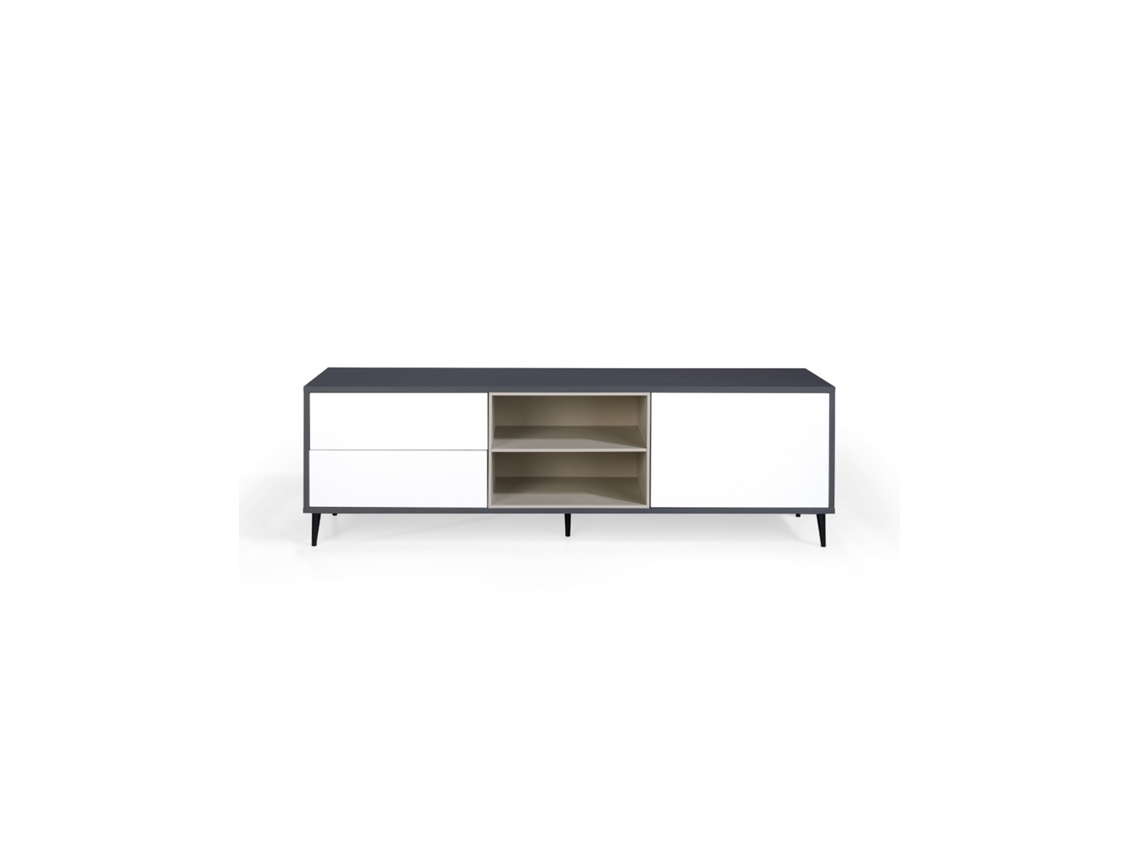 Mueble TV LEA acabado en antracita, blanco polar y visón Patas metálicas negras 180x42x55cm MOMMA HOME