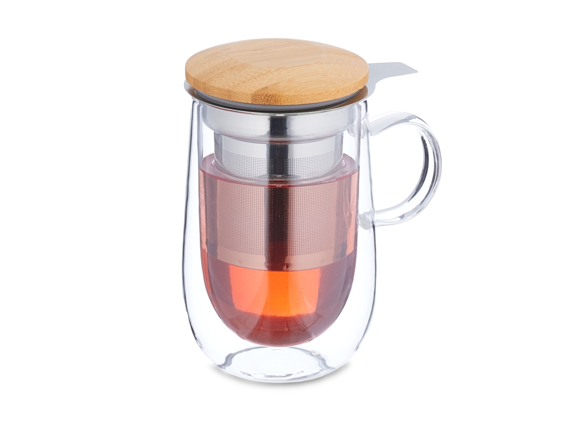 Chávena De Chá Relaxdays, Com Coador De Inox, Tampa De Bambu, Pega, 430 Ml, Chávena Dupla, Transparente/natural
