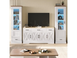 Conjunto de sala de estar con 2 vitrinas LED modernas en blanco mate y 1 aparador multifuncional de madera para sala de estar y comedor.