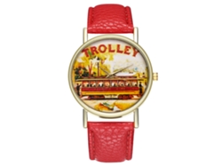 Reloj De Pulsera Unisex De Cuarzo Con Correa Pu Dial Redondo Patrón Trolley (rojo)