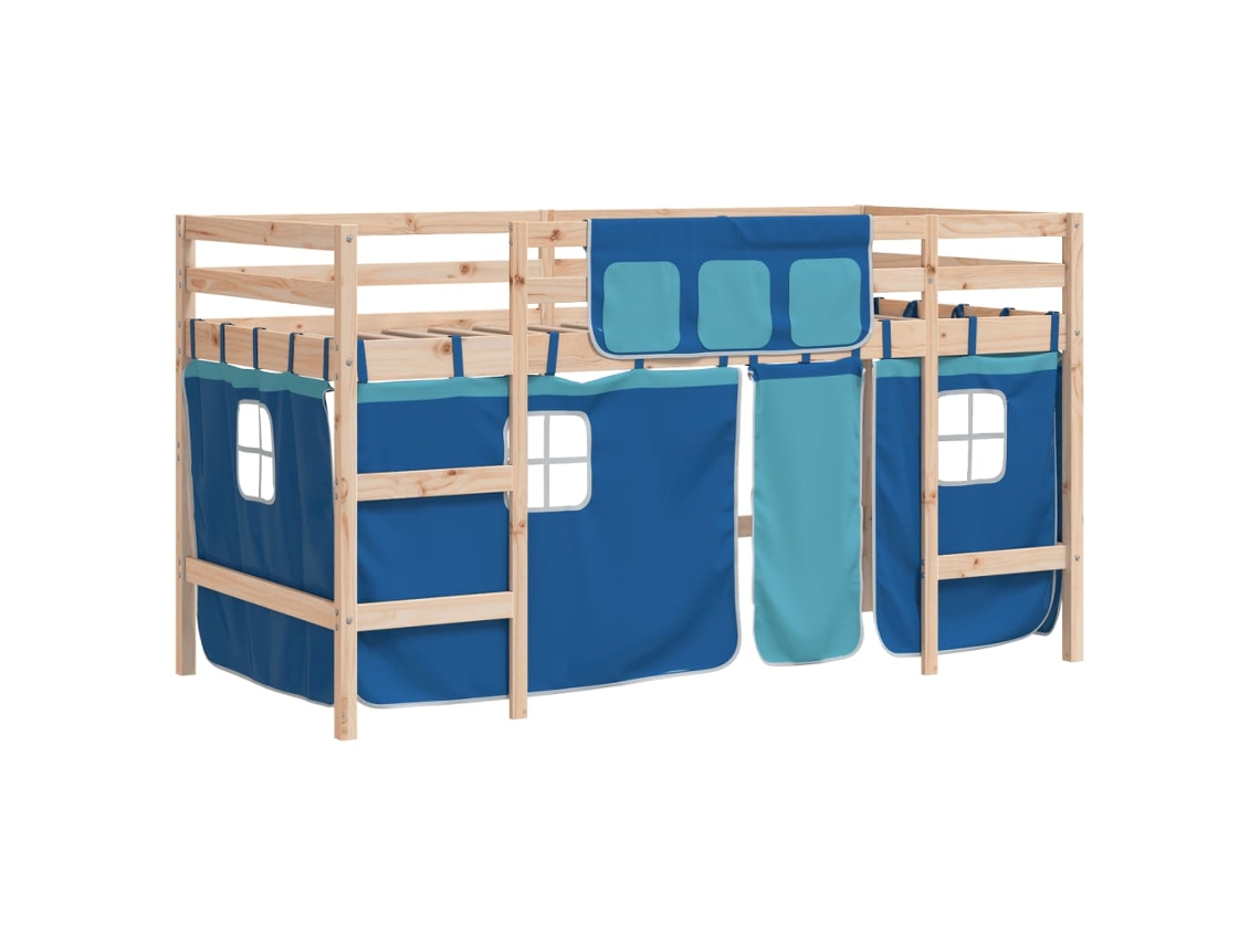 Cama Alta Infantil con Cortinas 90x190 cm Pino Macizo Azul Dkd Home Decor