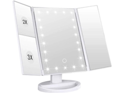 Espejo de maquillaje de 3 caras, 21 LED, USB, blanco, aumento 1x/2x/3x, luz ajustable, plegable ZYBLSSBB