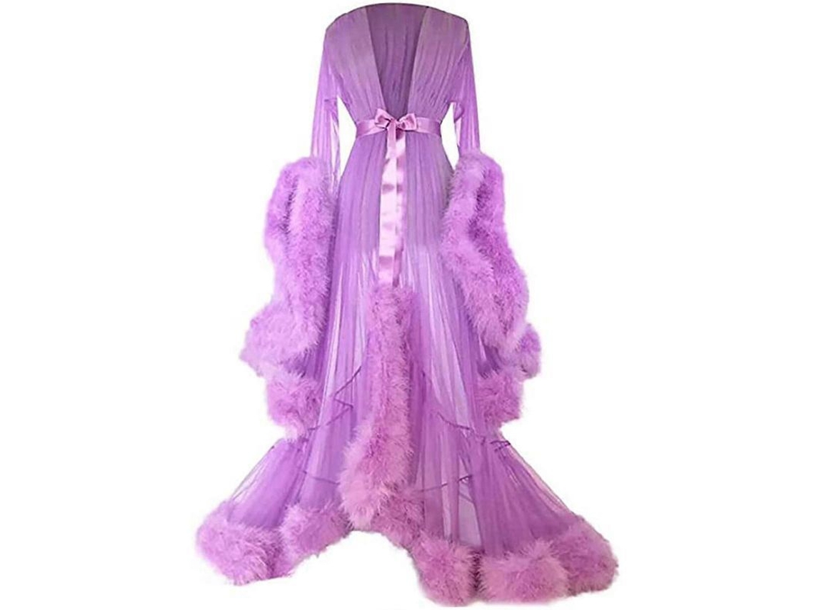 Vestido Largo Plumas Mangas Amplias Para Fiestas De Despedida De Soltera Talla Única Lavanda Talla Única Lavanda