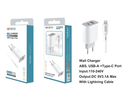 Cargador De Doble Entrada Usb 2.0 + Tipo-C MODORWY Ma1116 (Blanco)