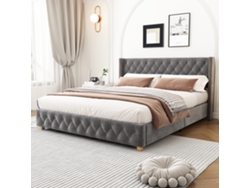 Cama De Terciopelo Gris De 140x190 Cm Con Remaches