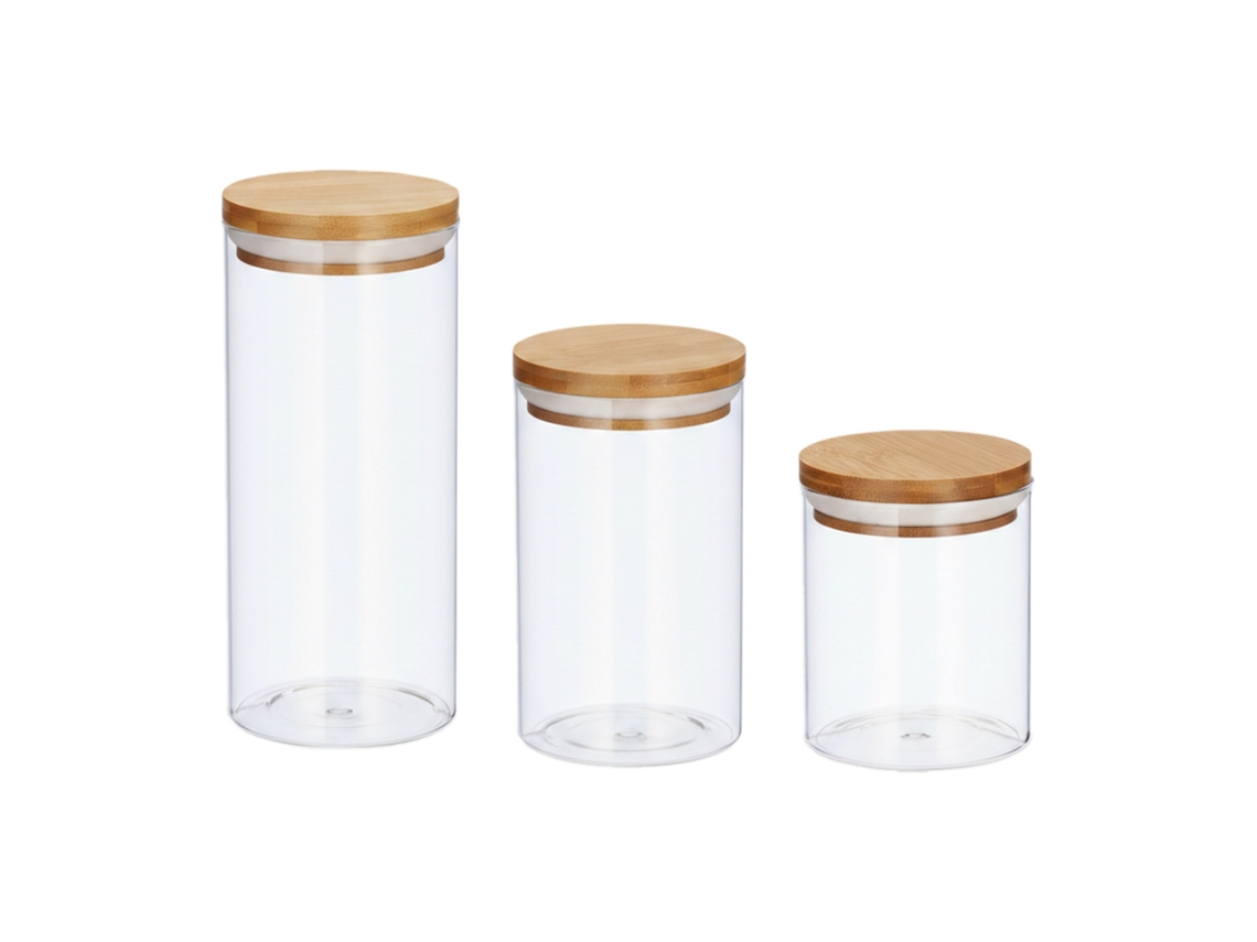 Relaxdays Recipientes Para Guardar Alimentos, Set, Para 500, 700 1000 Ml, Envases De Cristal, 9,5 Cm, Bambú, 3 Uds.