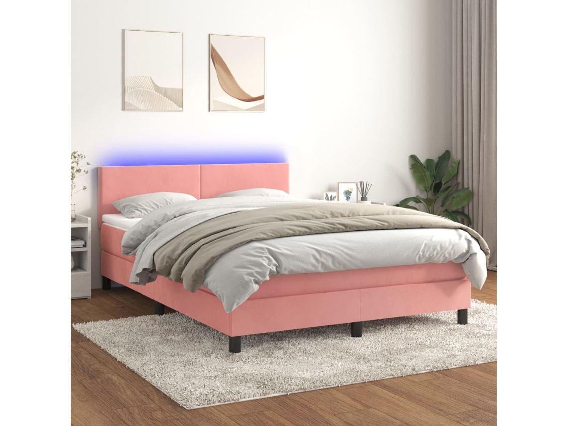Cama Box Spring Colchón Y Led Terciopelo Rosa 140x200 Cm
