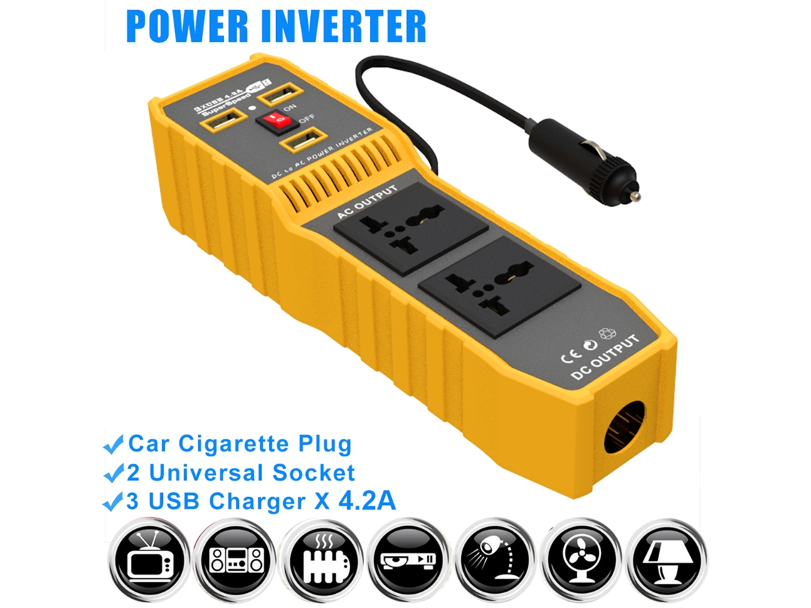 Inversor de corriente para coche (convertidor de CC 12 V a CA 110 V, 3 puertos USB)