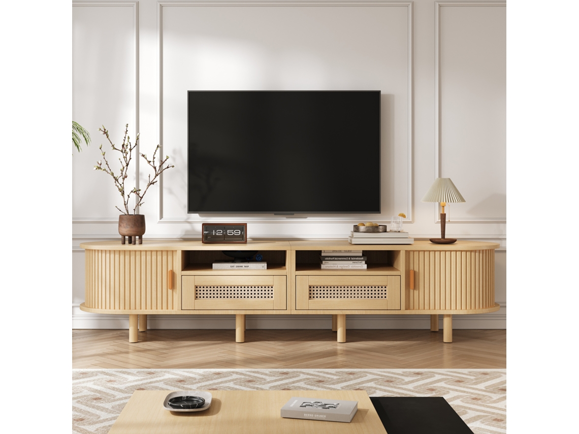 Mueble De Tv De Madera Clara Ovalado, 170x40x40 Cm, 2 Cajones De Ratán, 2 Puertas Correderas, Para Tv De 70 Pulgadas