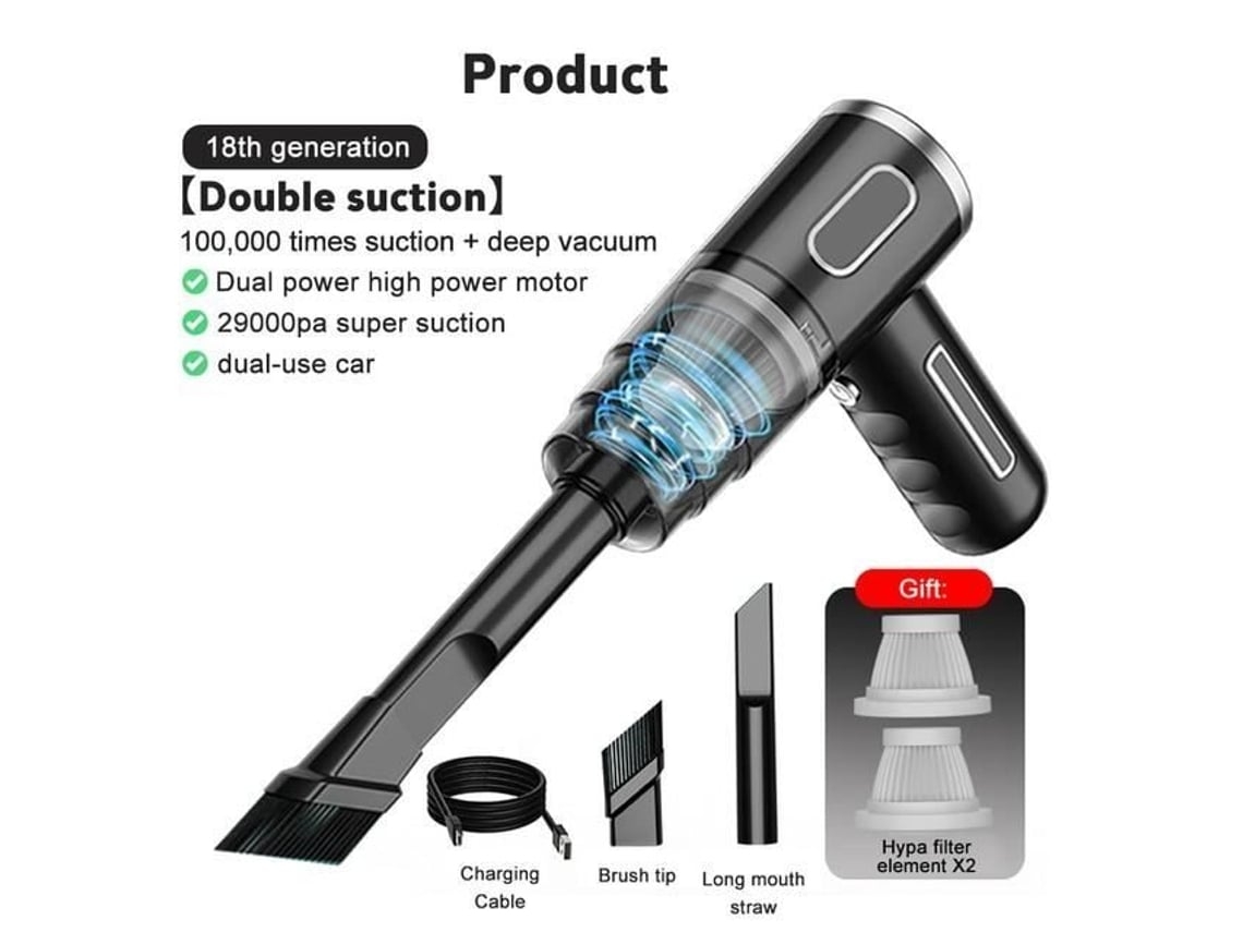 Aspiradora de coche inalámbrica de mano, 29000pa, 120 W, color negro, con doble puerto USB, recargable, Ehstmind