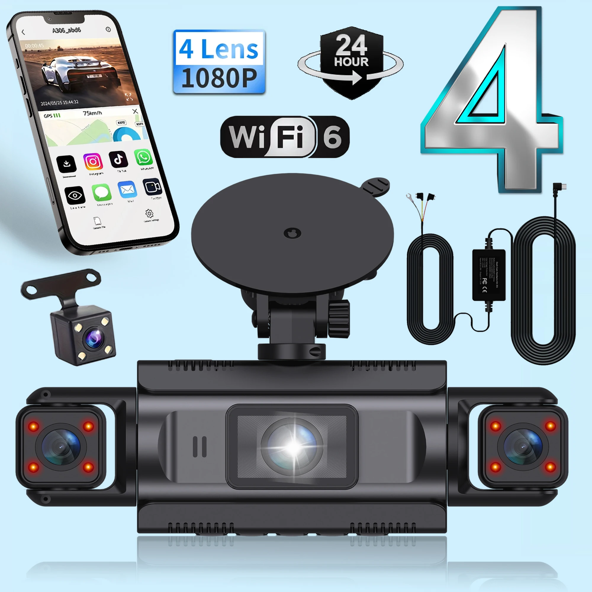 Cámara para salpicadero de coche con Wi-Fi, Full HD 1080p (Kit de instalación fija de 128 g)