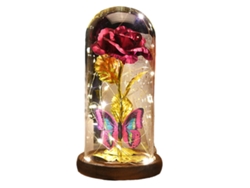 Lámpara de oro rosa con LED y pétalos caídos bajo una cúpula de cristal sobre una base de madera