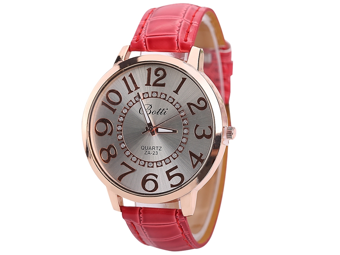 Reloj De Pulsera Para Mujer Con Grandes Números Arábigos, Correa De Poliuretano Roja Y Movimiento De Cuarzo.