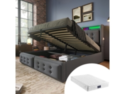 Cama 140x200 Cm Gris Algodón, Led, Usb-c, Estructura Metal/madera, Carga 300 Kg, Somier De Láminas, Con Colchón.