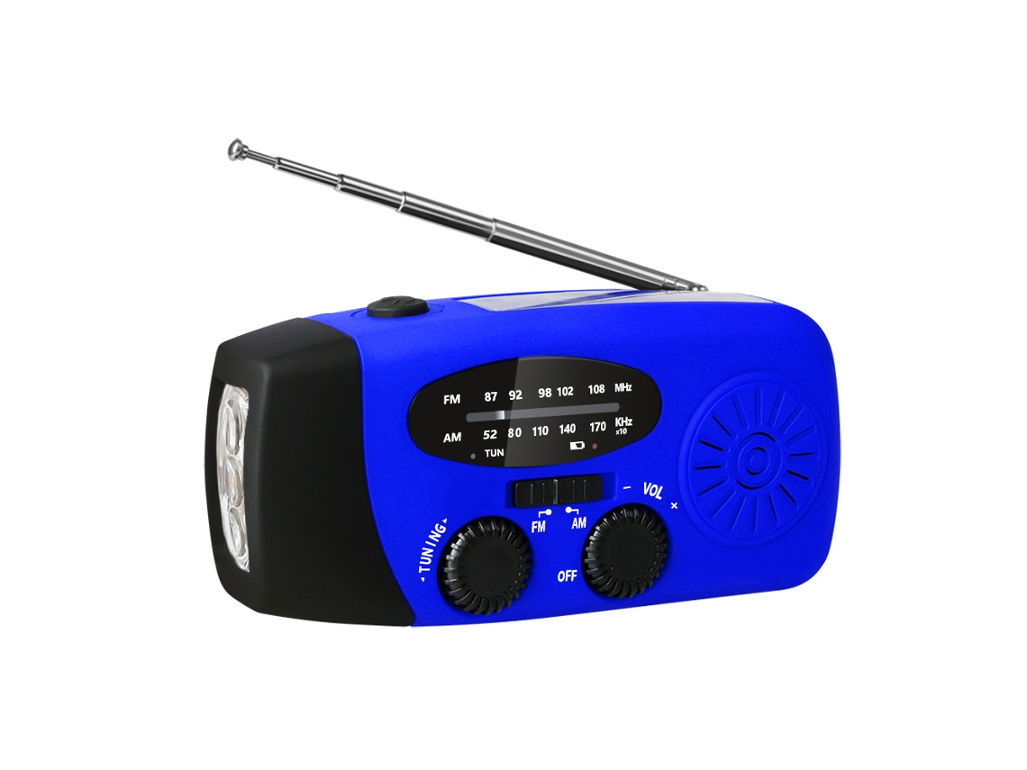 Radio portátil de emergencia Yuysan HN 071 FM/AM, recargable por energía solar, con dinamo de manivela, linterna LED, 2000 mAh, alarma SOS azul