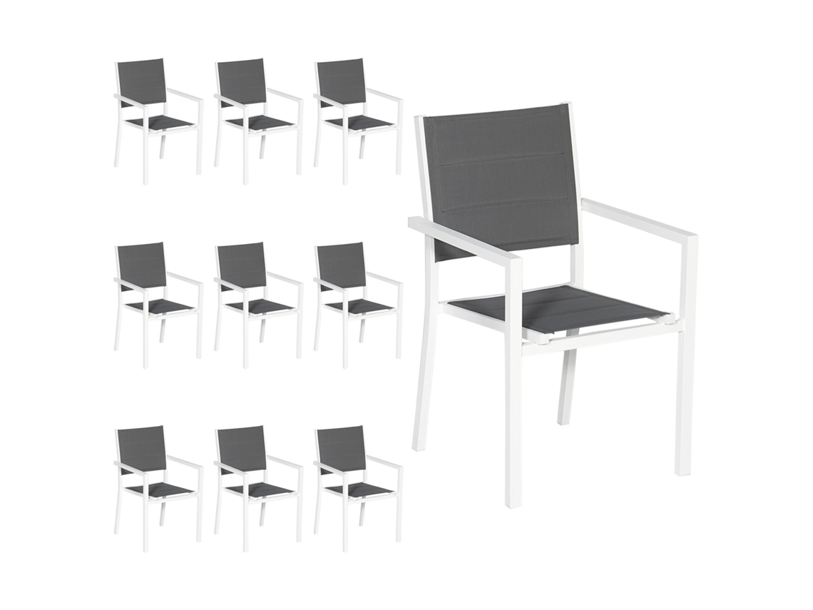 Juego de 10 sillas tapizadas de aluminio blanco - textileno gris HAPPY GARDEN