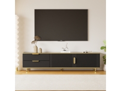Mueble de TV moderno con 2 puertas y 2 cajones, patas de metal negro, Mobrio