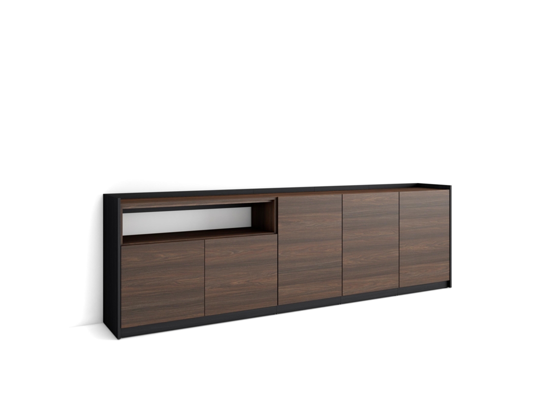 Aparador de comedor, 260x37x80cm, 5 puertas, armario de almacenamiento, roble oscuro y negro.