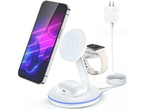 Estación de carga inalámbrica magnética para la serie Apple, soporte de cargador rápido Mag-Safe 3 en 1 de 15 W con adaptador QC3.0 (blanco) CHRONU...