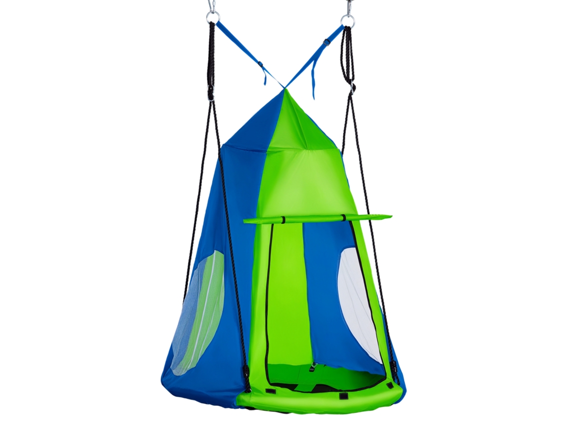 Columpio Tipo Nido Redondo Con Tienda Desmontable Ø100 Cm 4 Anillas Estructura De Metal Verde Y Azul