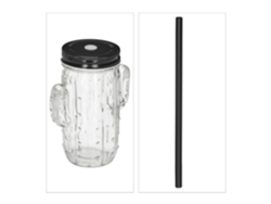 Relaxdays Pack De 8 Vasos Con Pajita Y Tapa, Jarras Para Helado O Limonada, Forma De Cactus, 500 Ml, Transparente