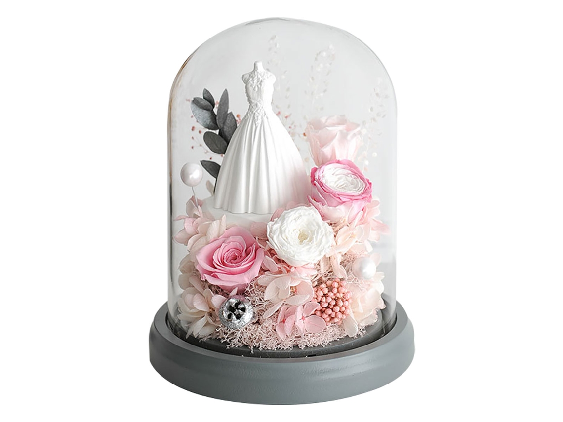 Decoración de flores eternas con rosa y vestido de novia de flores secas en cúpula de cristal con luz para regalos de cumpleaños y fiestas JEIIBRZUI