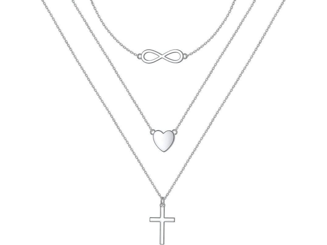 Cadena Colgante De Plata Esterlina S925 Multicapa Triple Larga Para Mujer Estilo Geométrico Emo Ajustable Corazón Cruz Infinito