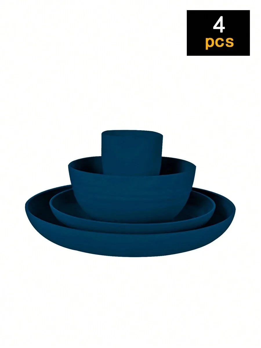 Juego De Cubiertos De Plástico (azul Oscuro, 4 Piezas), Que Incluye Platos, Cuencos Y Tazas.