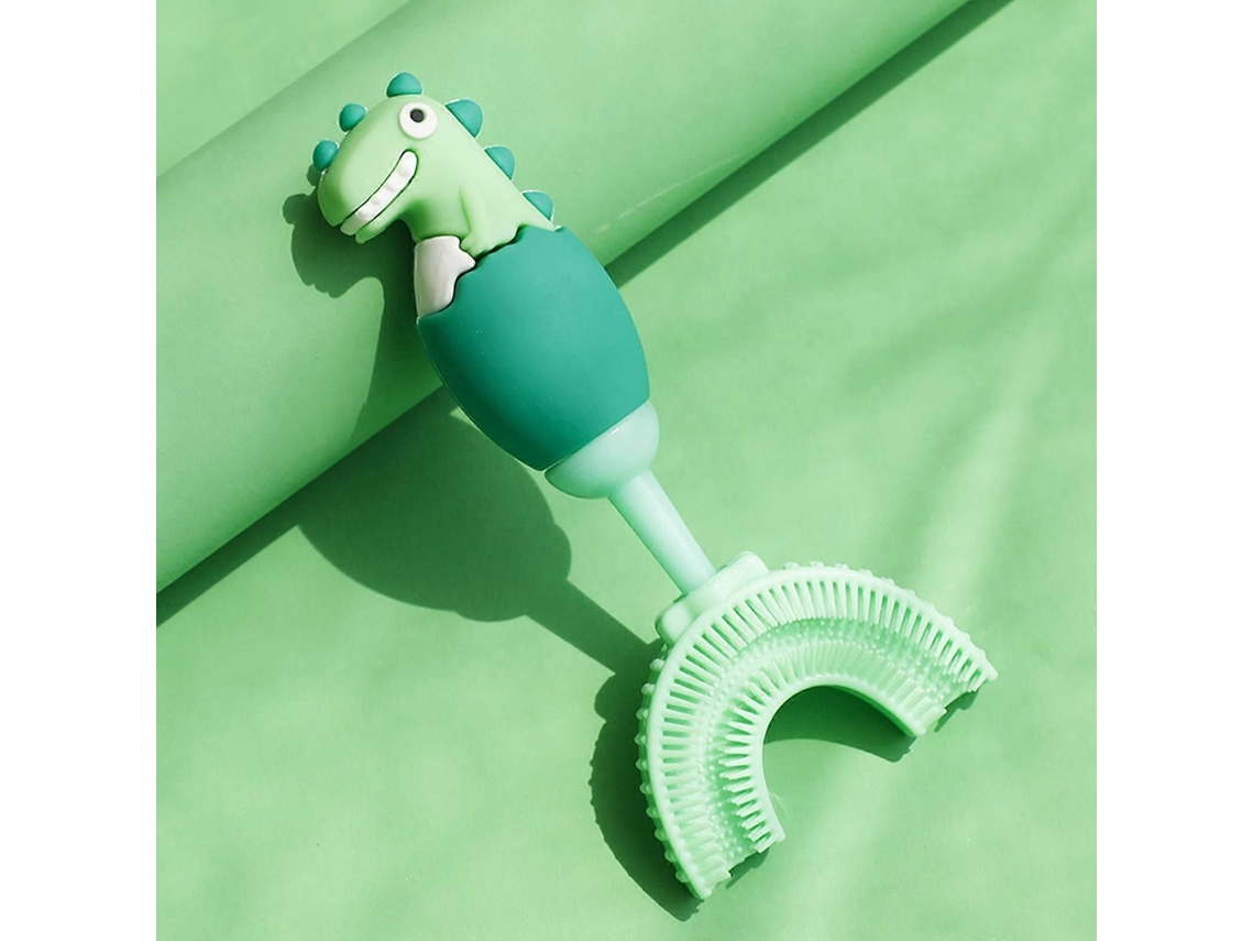 Cepillo de dientes infantil GOKOCO con diseño de dibujos animados, pequeño dinosaurio en forma de U, manual especial, silicona suave para bebés.