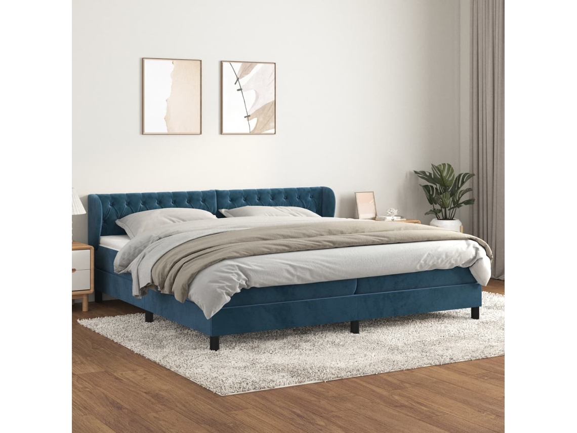 Cama Box Spring Con Colchón Terciopelo Azul Oscuro 200x200 Cm
