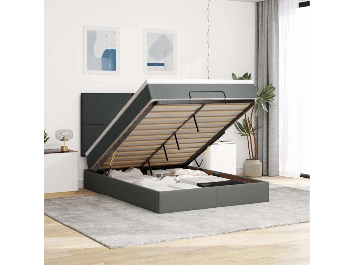 Estructura Cama Otomana Colchón Tela Gris Oscuro 140x190cm