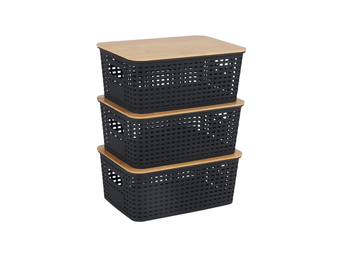 Relaxdays, Set De 3 Cajas Organizadoras Con Tapa, Plástico Y Bambú, Asas, Hbt: 10,5x25,5x18 Cm, Negro