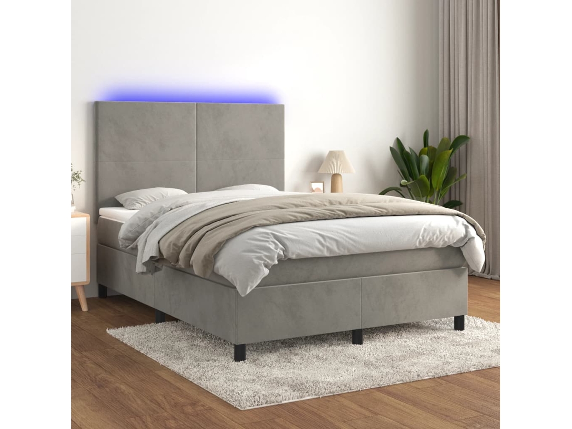 Cama Box Spring Colchón Y Led Terciopelo Gris Claro 140x200 Cm