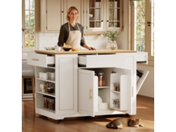 Isla De Cocina Con Ruedas 120x50x92 Cm - Con Compartimento Para Basura, 2 Puertas Y 3 Cajones - Blanco