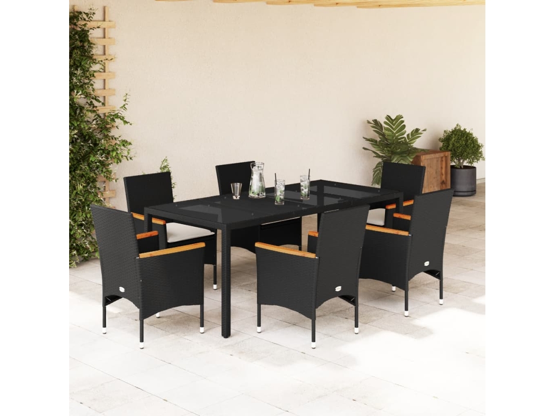 Juego de comedor de jardín de 7 piezas con cojines de mimbre negro y cristal de DKD Home Decor