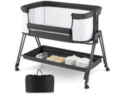 Cuna de Viaje Lateral para Bebé, Cuna Plegable Portátil con Colchón y Estante de Almacenamiento, 7 Alturas Ajustables COSTWAY