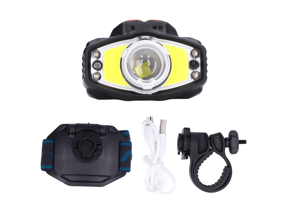 Linterna frontal COB impermeable de alta intensidad modelo 2026 con sensor de inducción, carga USB y clip para la diadema.