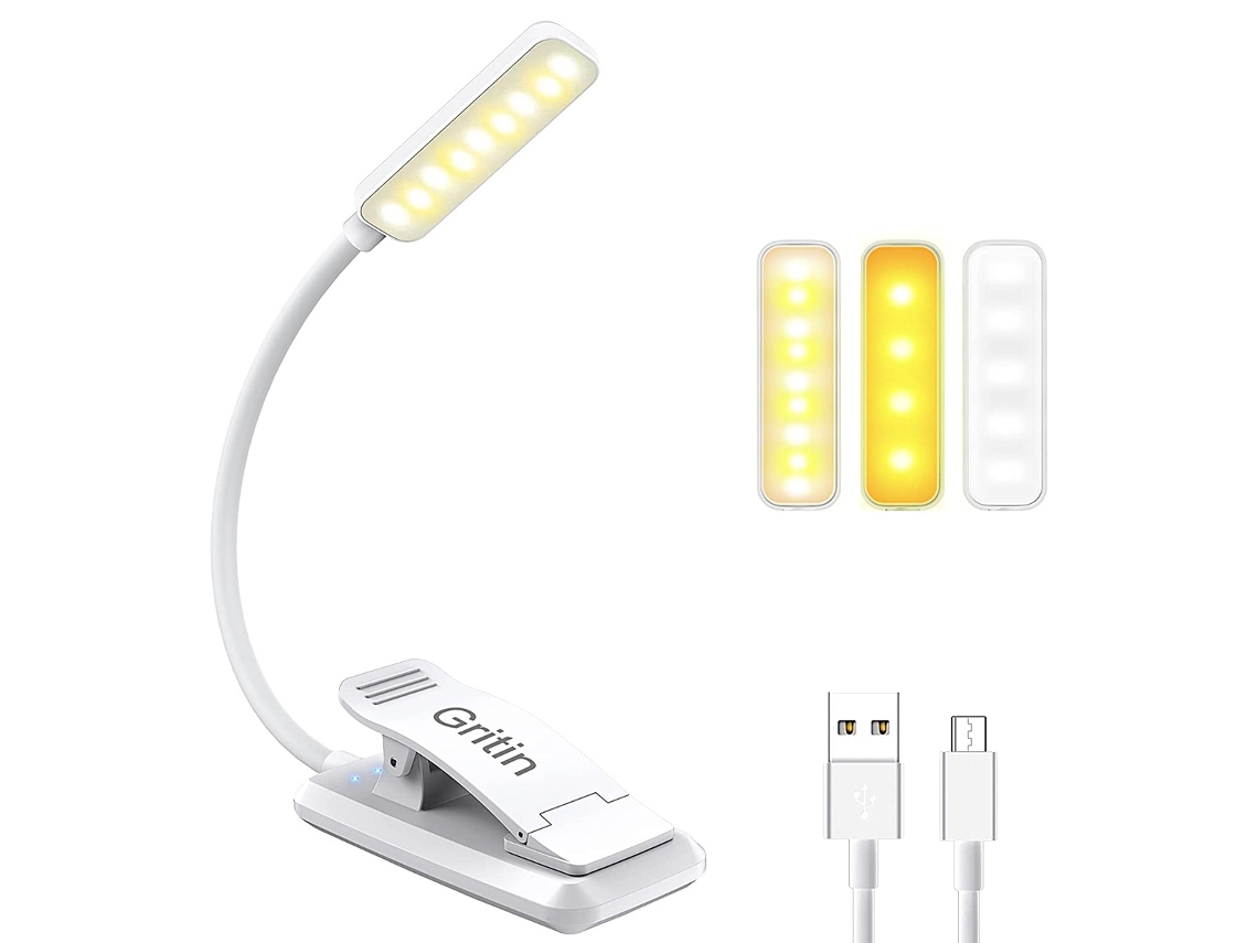 Lámpara de lectura recargable Gritin con clip de 9 LED, atenuación continua y 3 modos de color (blanco cálido y blanco frío).