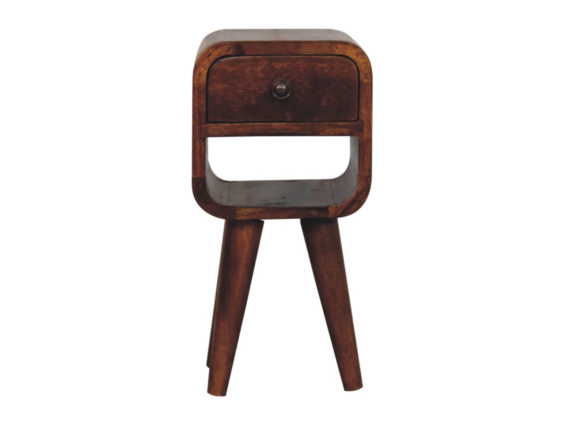Mesita de noche extra pequeña de madera maciza de castaño, curvada, con 1 cajón y 1 ranura abierta, color marrón oscuro, ARTISAN FURNITURE EST 1995 TM