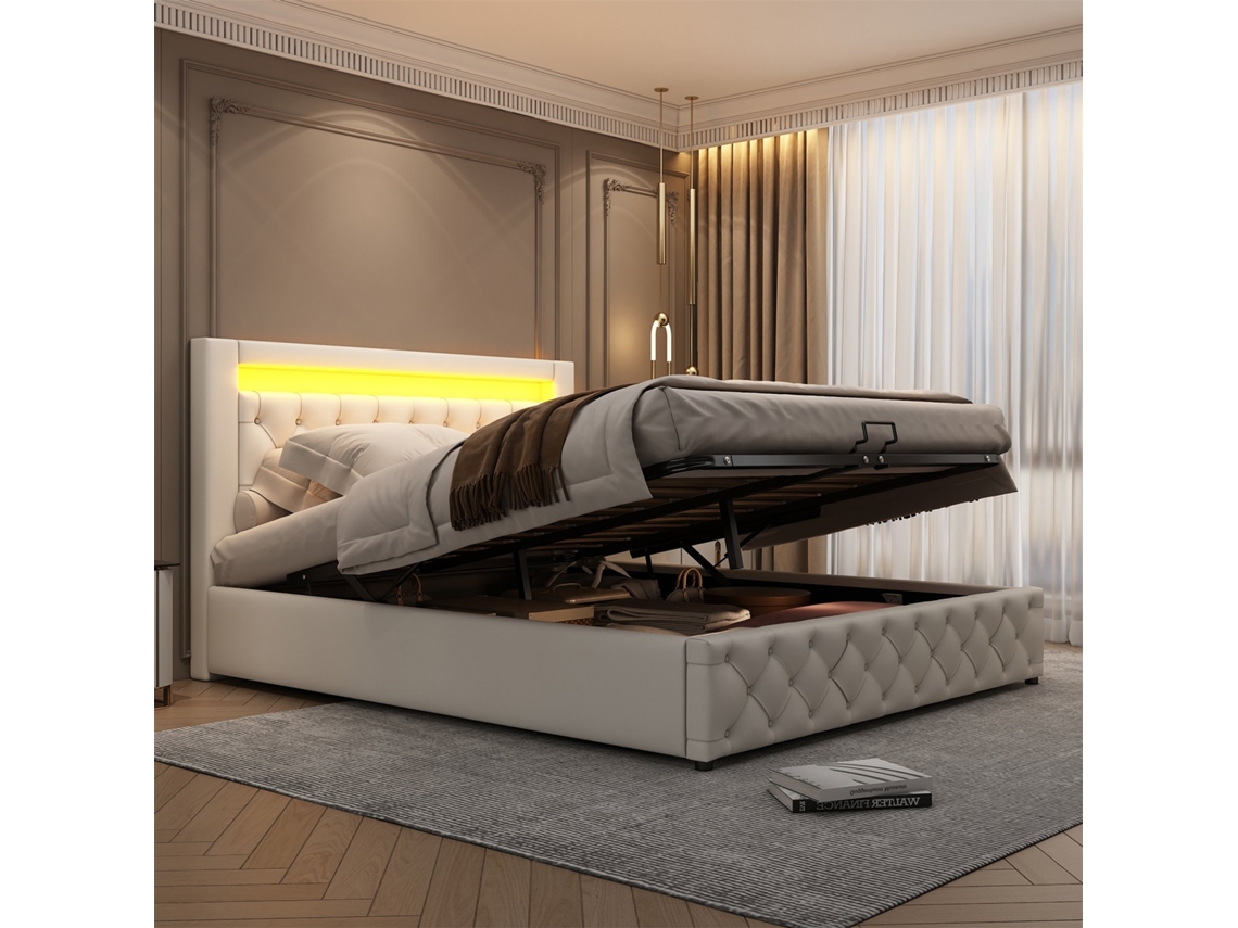 Cama Tapizada Iluminación Led Función Gutent Piel Sintética Blanco (140x200cm)